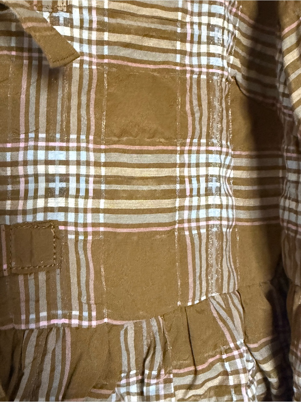Plaid Bow Tie-Front Peasant Top in olive green plaid never worn - Picture 3 of 4